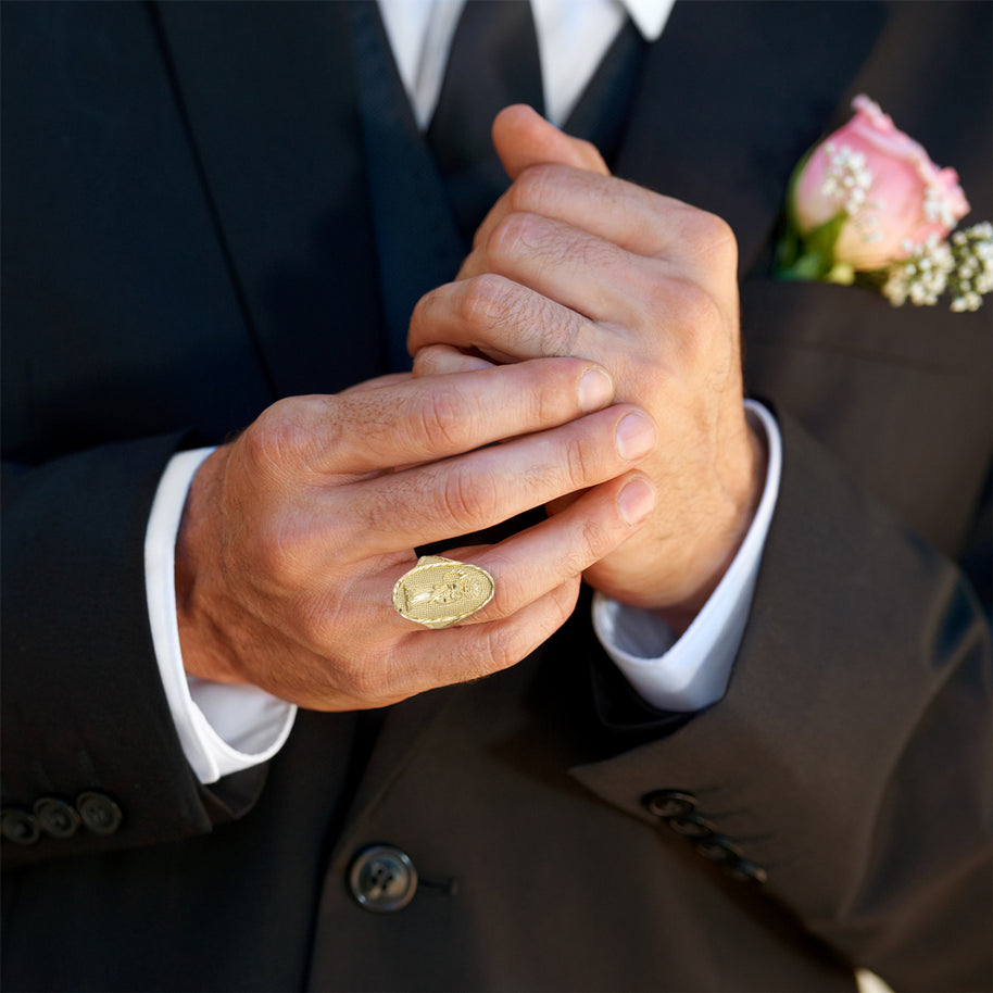 Gold Hammered Santa Muerte Patron Saint of Death and Protection Oval Ring (Available in Yellow/Rose/White Gold)