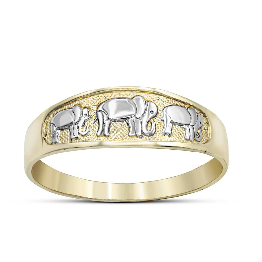 Two Tone Gold Hammered Good Luck Elephants Ring (Available in Yellow/Rose/White Gold)