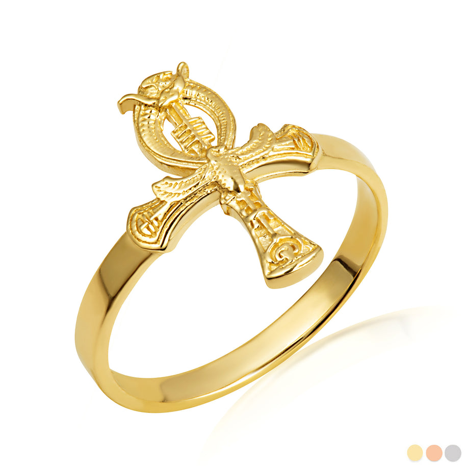 Gold Egyptian Ankh Cross Hieroglyphics Ring (Available in Yellow/Rose/White Gold)
