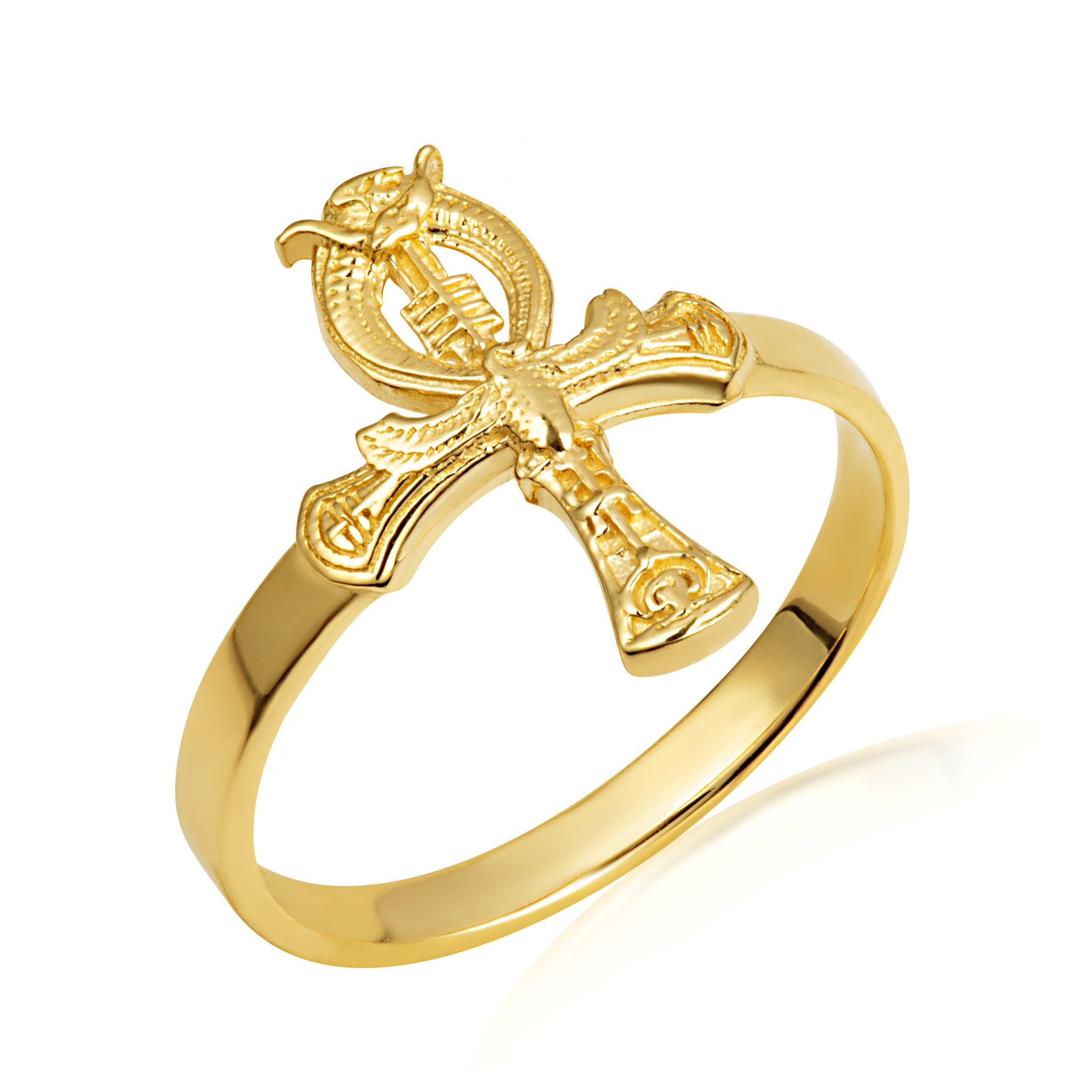 Gold Egyptian Ankh Cross Hieroglyphics Ring (Available in Yellow/Rose/White Gold)