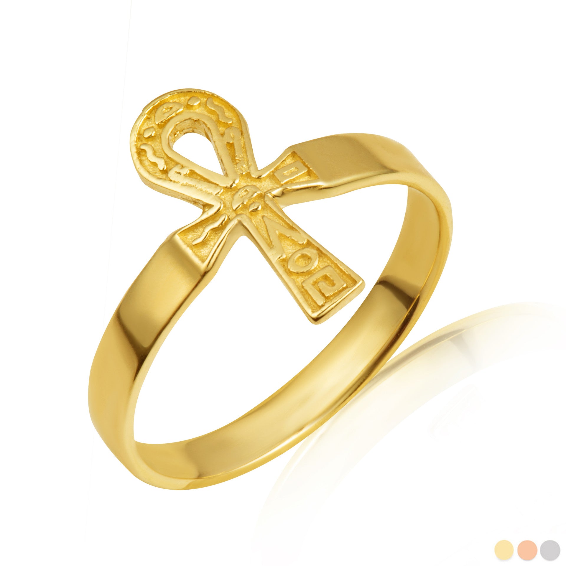Gold Egyptian Hieroglyphics Ankh Cross Ring (Available in Yellow/Rose/White Gold)