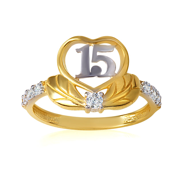 14K Two-Tone Gold Cubic Zirconia 15 Años Heart Quinceañera Ring
