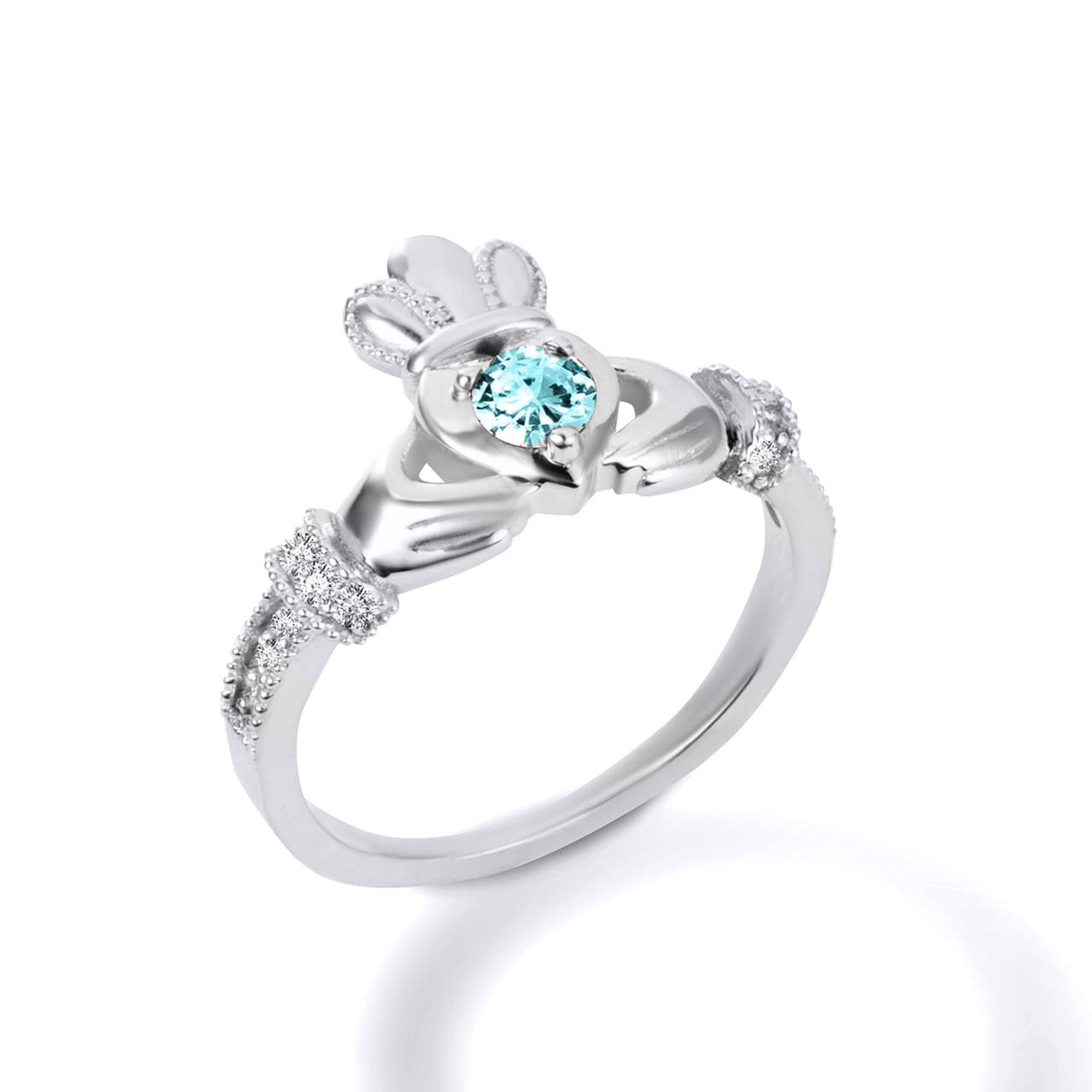 .925 Sterling Silver Claddagh Love Heart Birthstone & Cubic Zirconia Friendship Ring