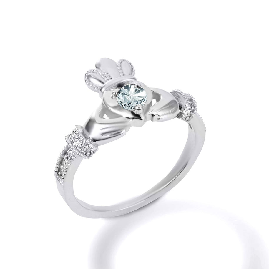 .925 Sterling Silver Claddagh Love Heart Birthstone & Cubic Zirconia Friendship Ring