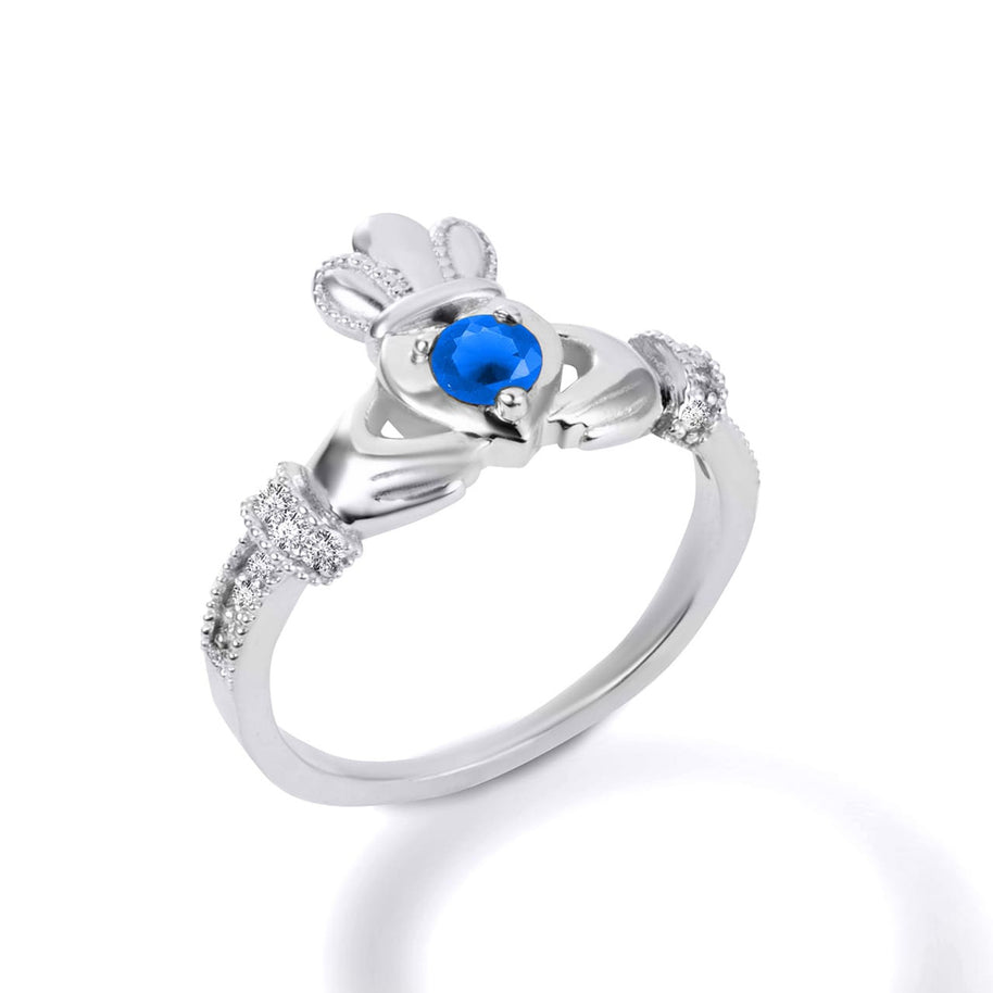.925 Sterling Silver Claddagh Love Heart Birthstone & Cubic Zirconia Friendship Ring