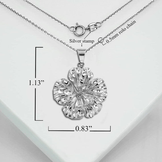 Silver Hawaiian Hibiscus Flower Pendant Necklace