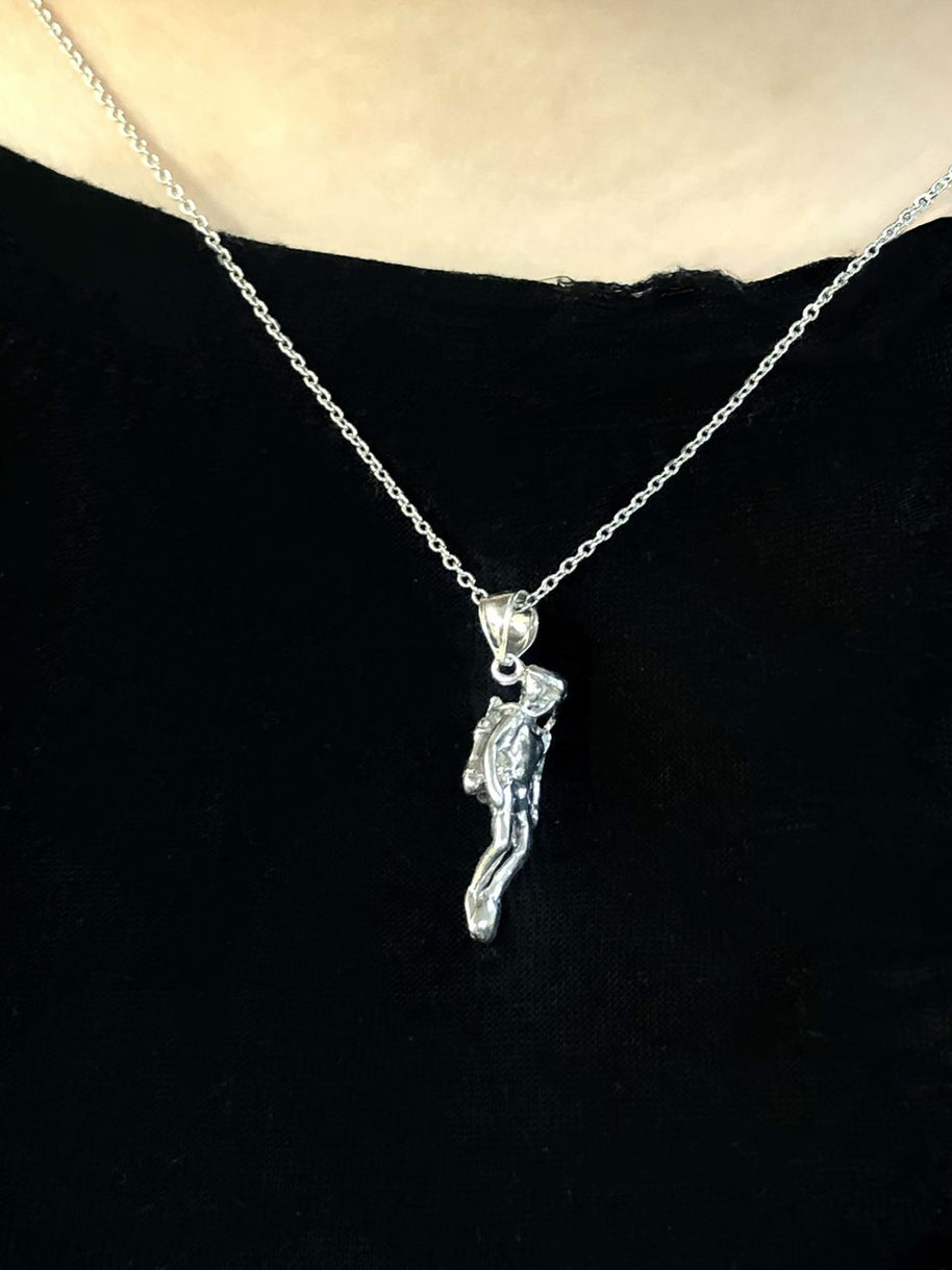 .925 Sterling Silver Scuba Diver Sports Charm Pendant Necklace