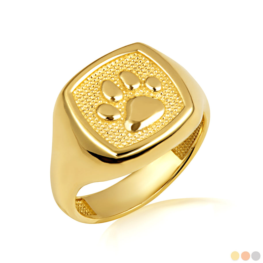 Gold Pet Dog Paw Print Beaded Signet Ring (Available in Yellow/Rose/White Gold)