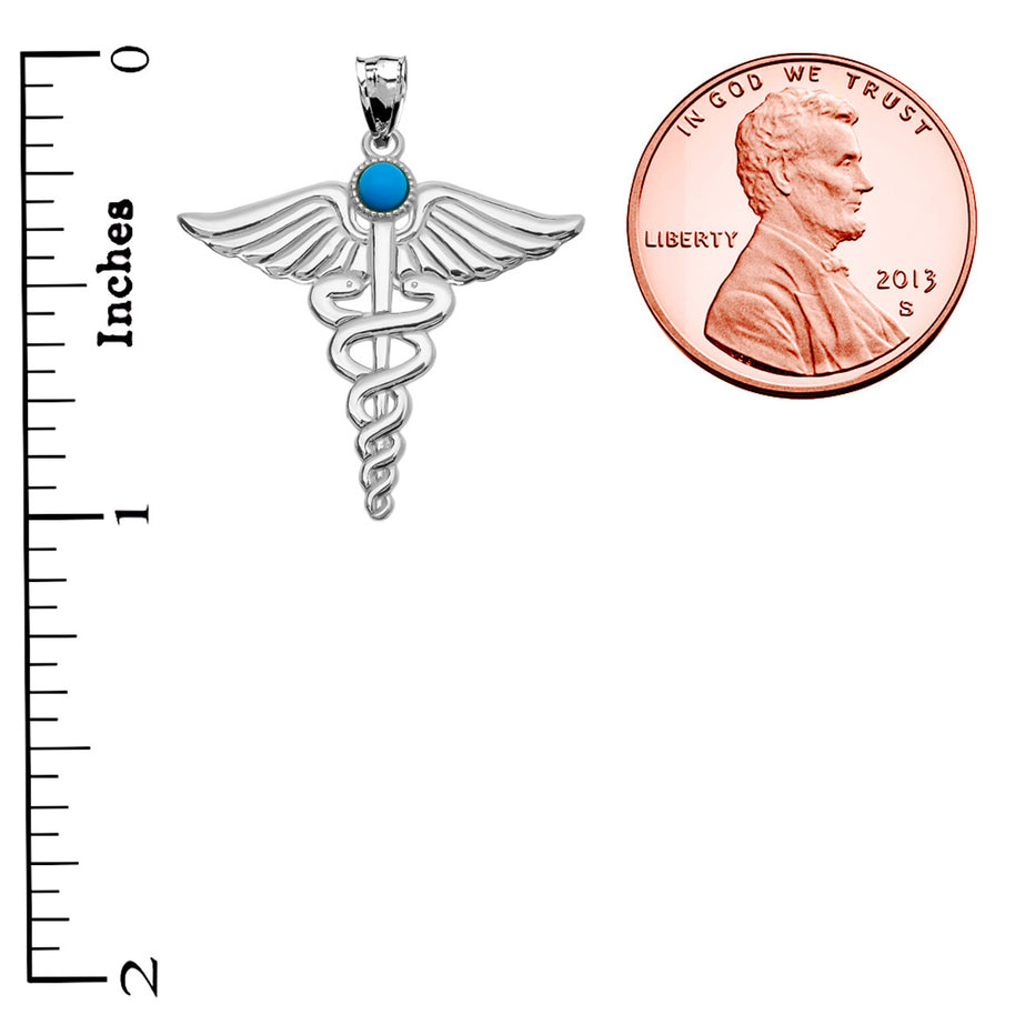 .925 Sterling Silver Medical Caduceus Turquoise Gemstone Pendant Necklace
