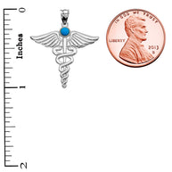 .925 Sterling Silver Medical Caduceus Turquoise Gemstone Pendant Necklace