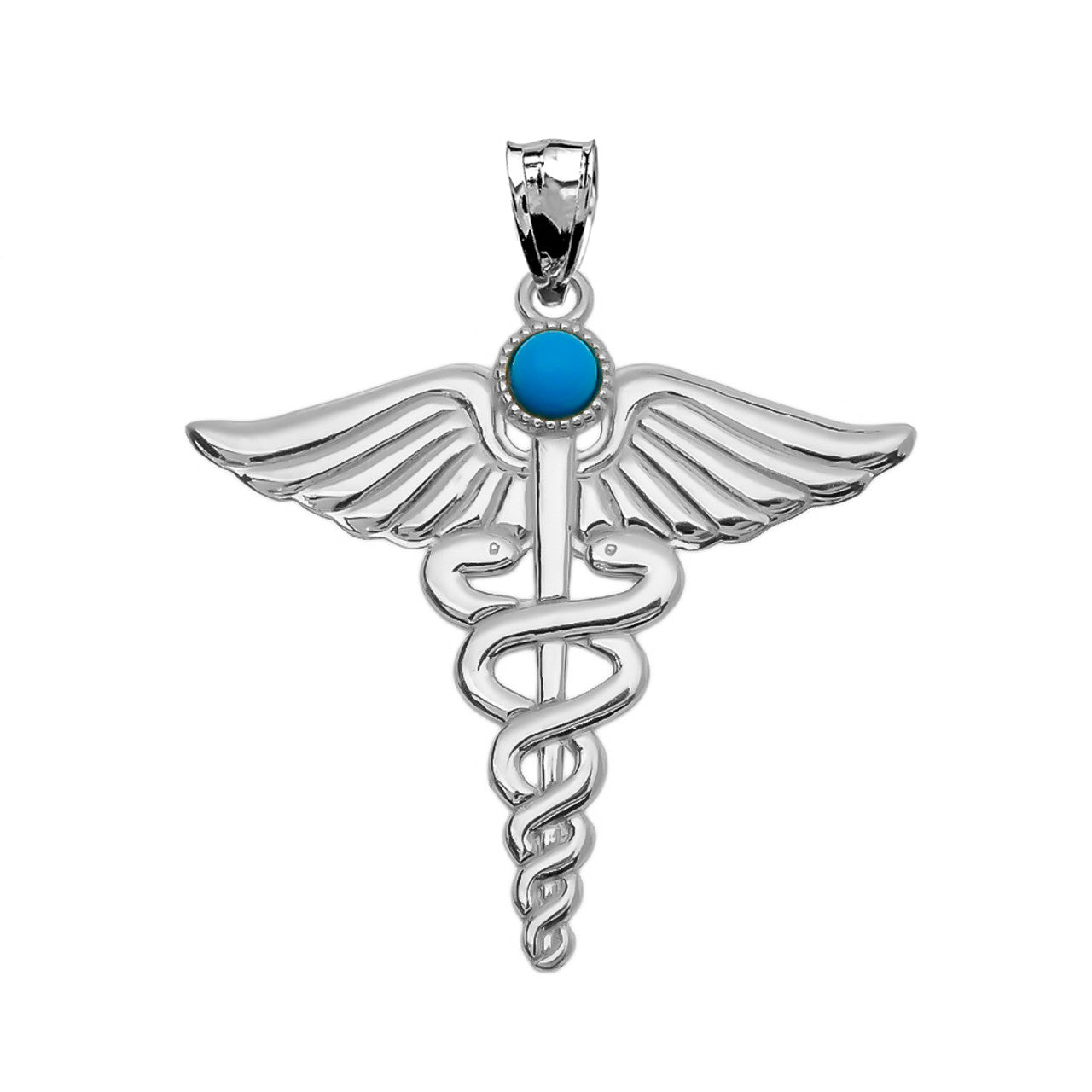 .925 Sterling Silver Medical Caduceus Turquoise Gemstone Pendant Necklace