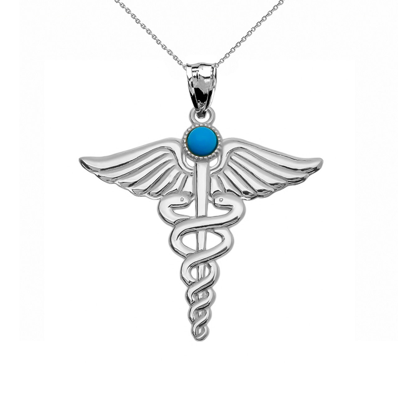 .925 Sterling Silver Medical Caduceus Turquoise Gemstone Pendant Necklace