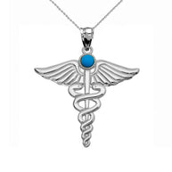 .925 Sterling Silver Medical Caduceus Turquoise Gemstone Pendant Necklace