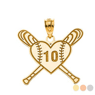 Gold Engravable Crossed Baseball Bats Heart Sports Number Pendant Necklace (Available in Yellow/Rose/White Gold)
