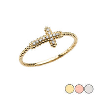 Gold Dainty Beaded Sideways Diamond Cross Ring (Available in Yellow/Rose/White Gold)