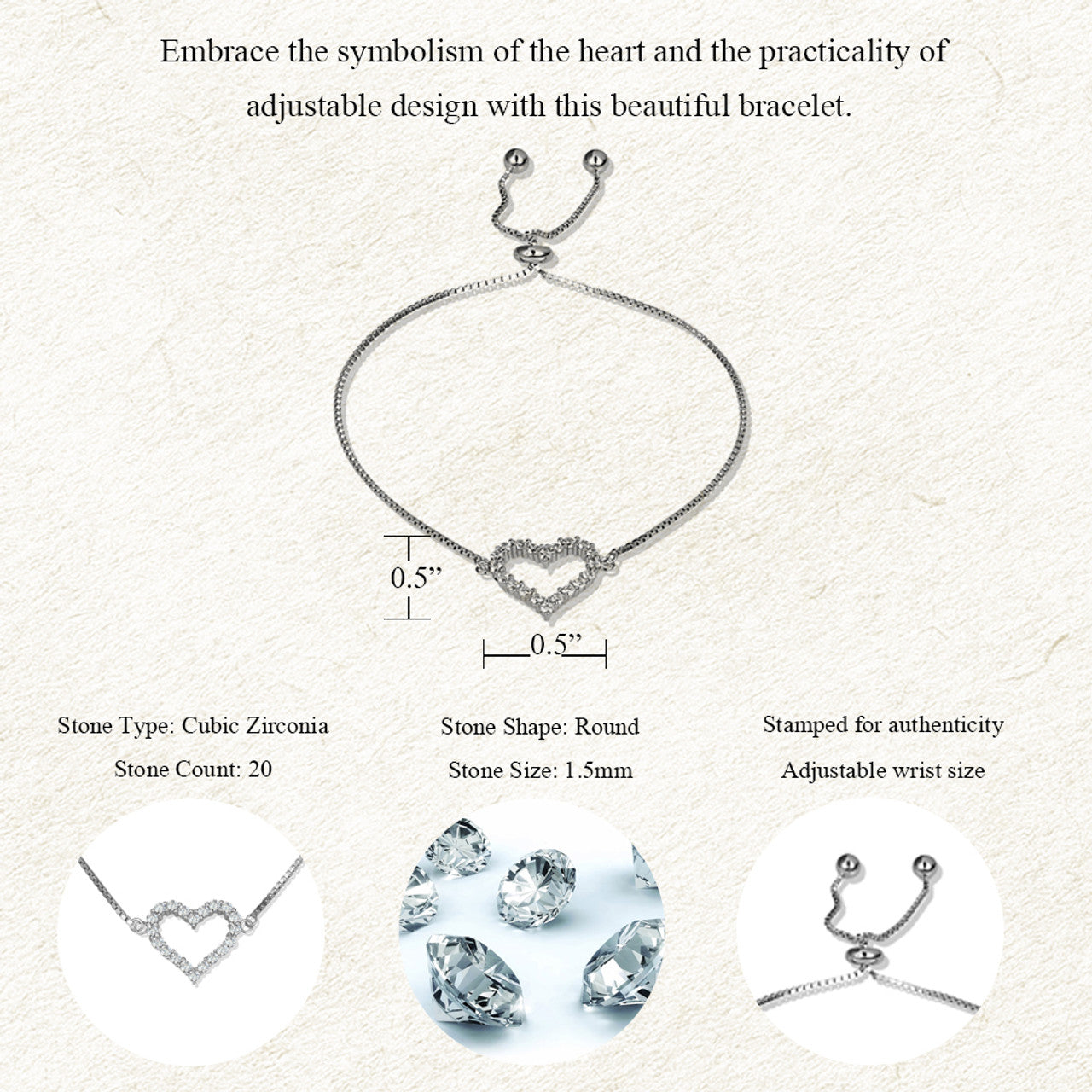 .925 Sterling Silver Adjustable Studded Heart Beaded Lariat Bracelet