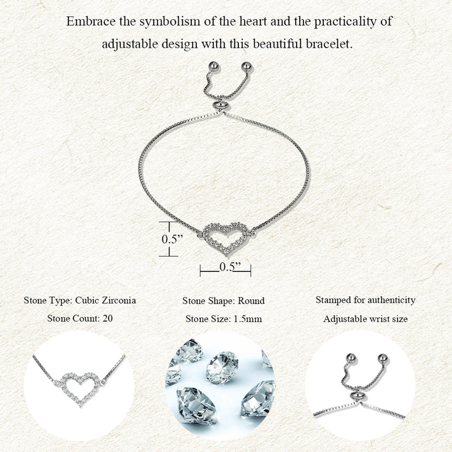 .925 Sterling Silver Adjustable Studded Heart Beaded Lariat Bracelet