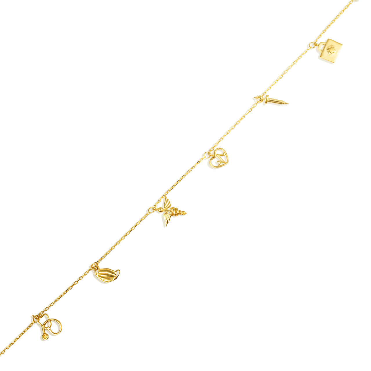 14K Yellow Gold Heartbeat Caduceus Medical Tools Charm Anklet