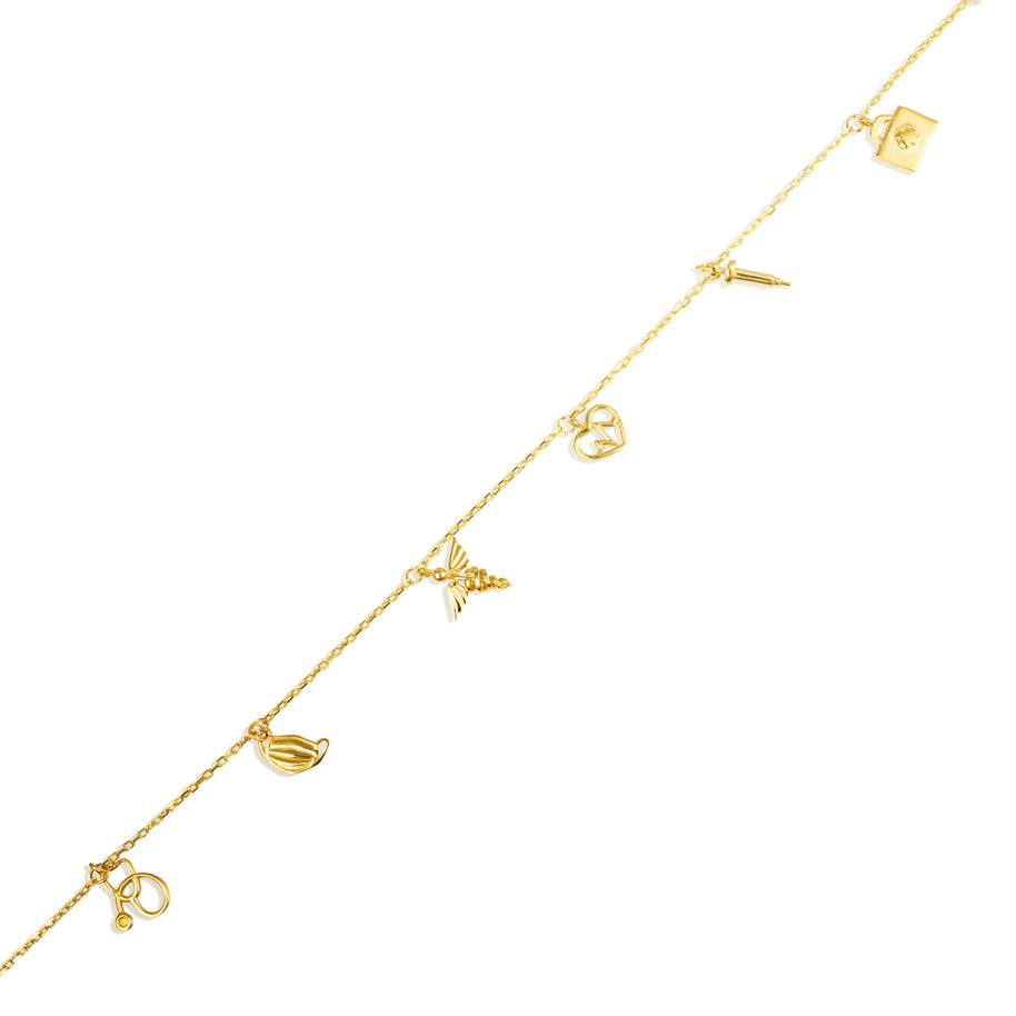 14K Yellow Gold Heartbeat Caduceus Medical Tools Charm Anklet