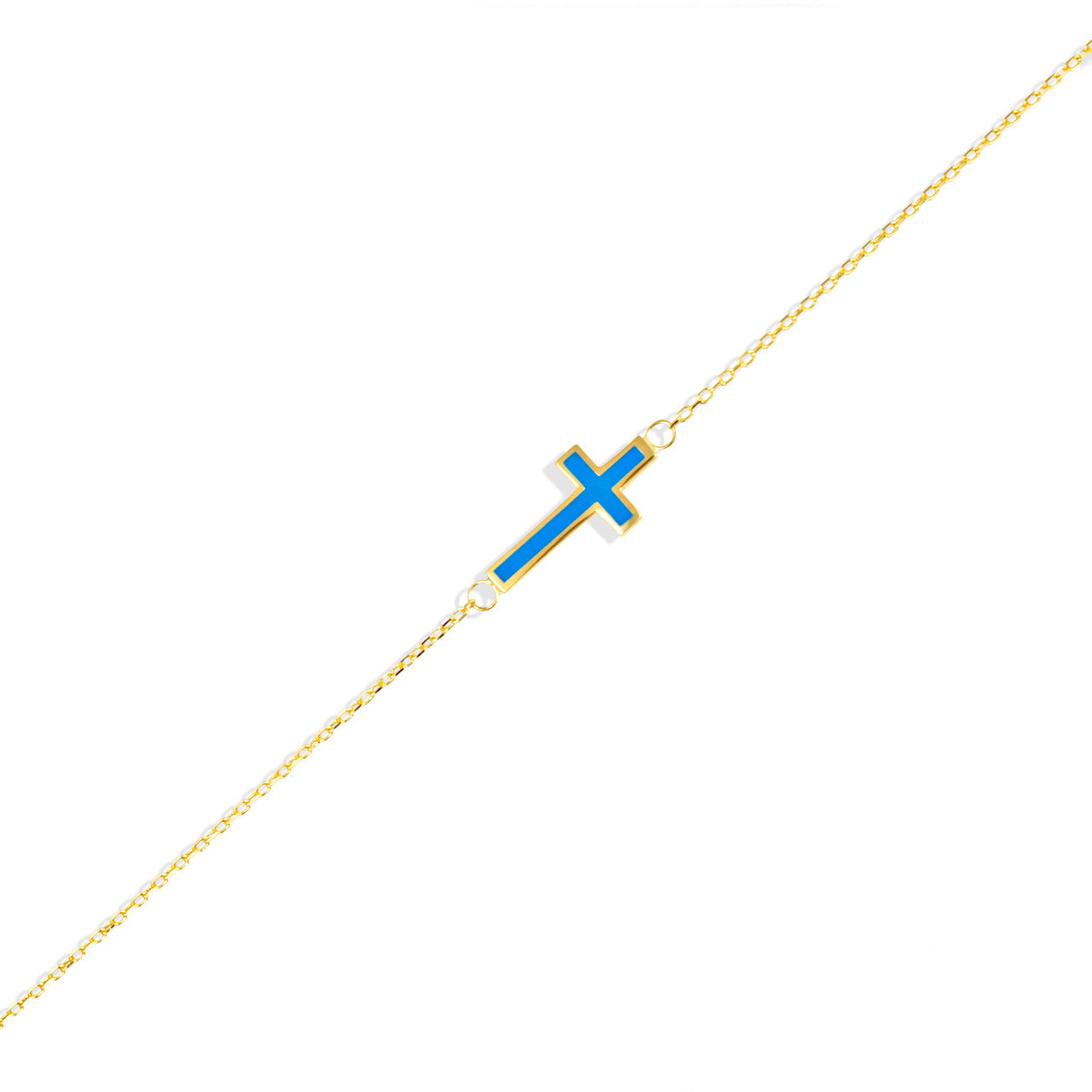 14K Yellow Gold Blue Enamel Cross Bracelet 7