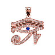 Gold Diamond Studded Egyptian Eye of Horus Wadjet Blue Sapphire Pendant Necklace(Available in Yellow/Rose/White)