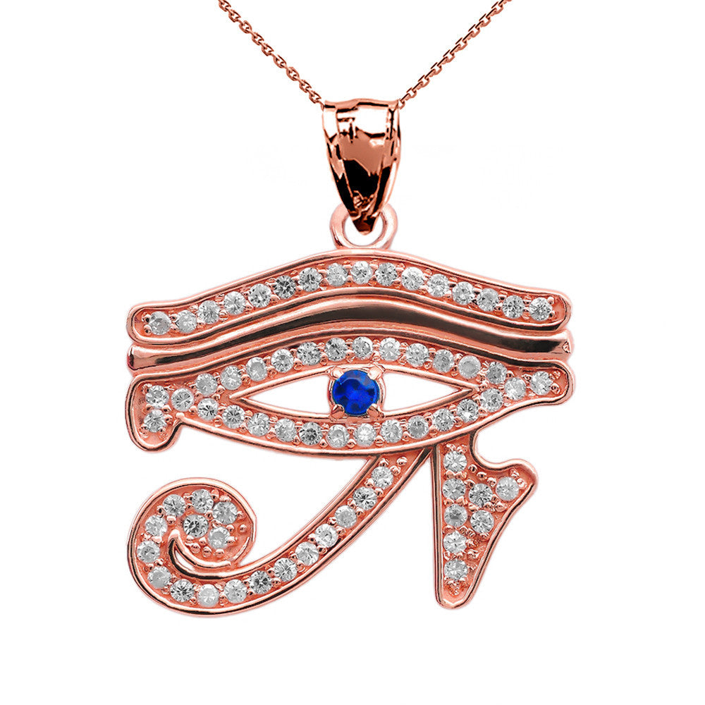 Gold Diamond Studded Egyptian Eye of Horus Wadjet Blue Sapphire Pendant Necklace(Available in Yellow/Rose/White)