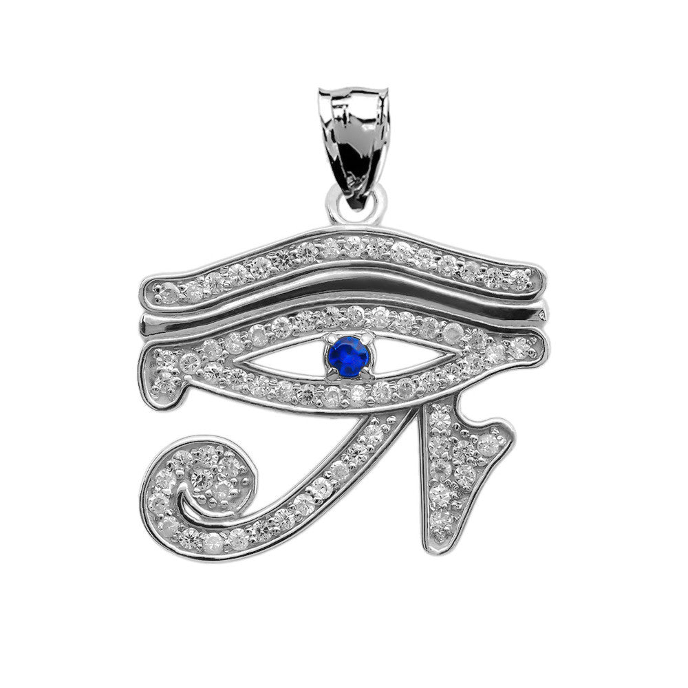 Gold Diamond Studded Egyptian Eye of Horus Wadjet Blue Sapphire Pendant Necklace(Available in Yellow/Rose/White)