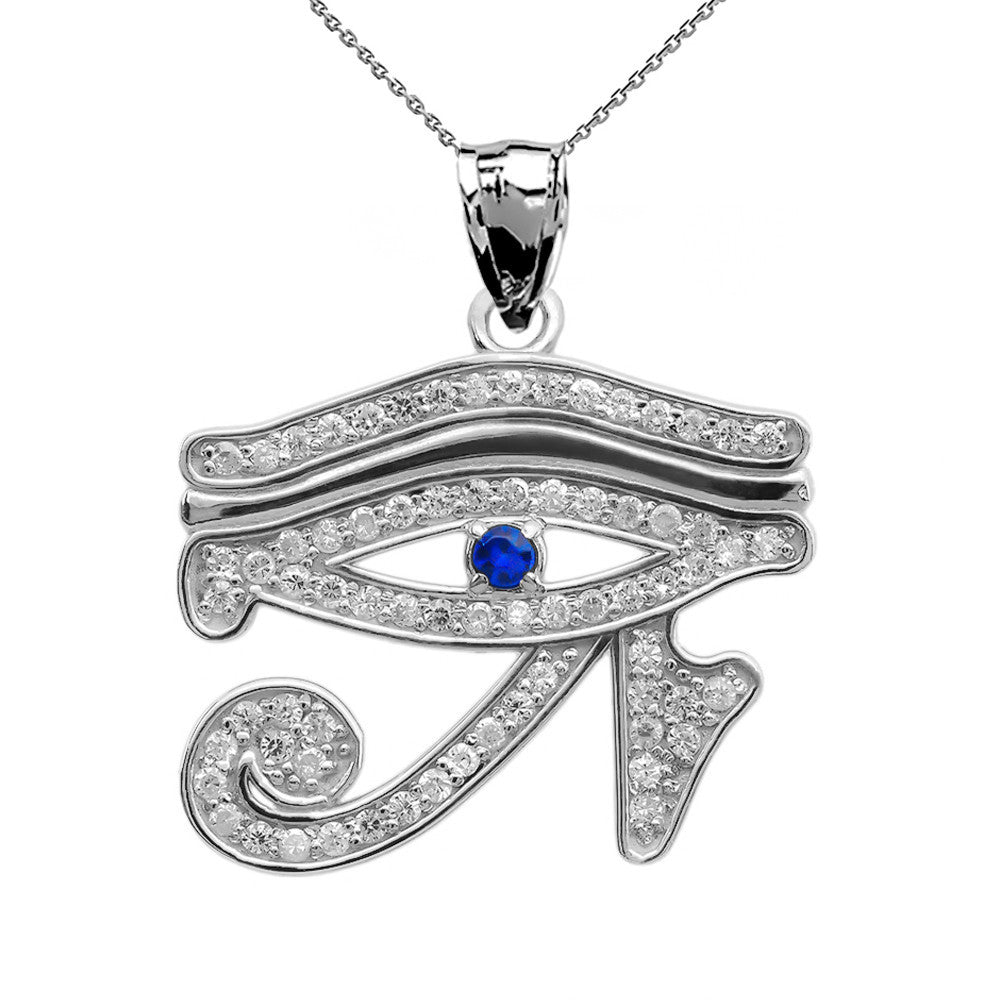Gold Diamond Studded Egyptian Eye of Horus Wadjet Blue Sapphire Pendant Necklace(Available in Yellow/Rose/White)