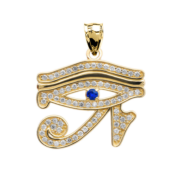 Gold Diamond Studded Egyptian Eye of Horus Wadjet Blue Sapphire Pendant Necklace(Available in Yellow/Rose/White)