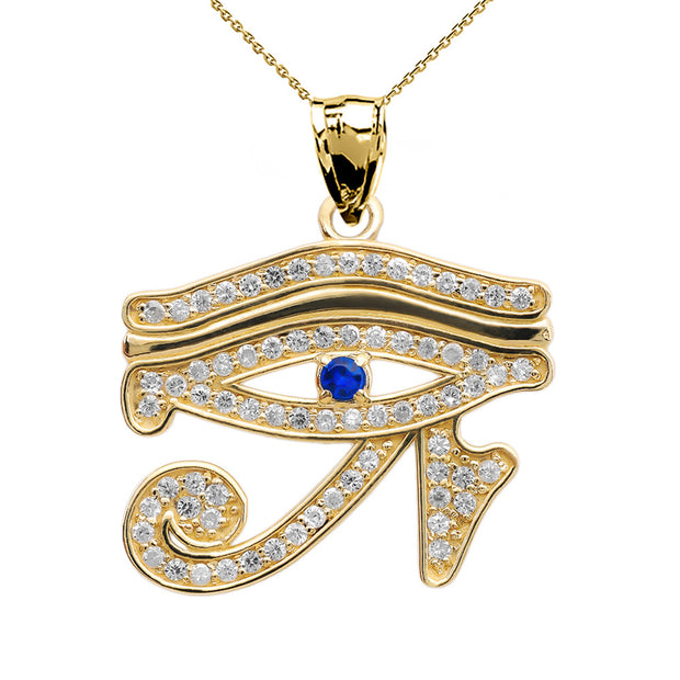 Gold Diamond Studded Egyptian Eye of Horus Wadjet Blue Sapphire Pendant Necklace(Available in Yellow/Rose/White)