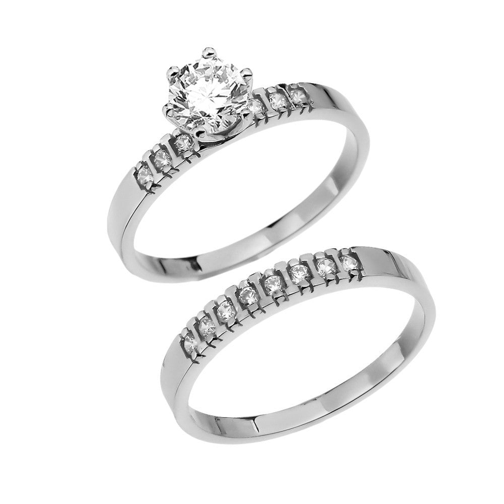 Diamond Solid Gold Engagement And Wedding Ring Set With 1 Carat White Topaz Center stone (Available in Yellow/Rose/White Gold)