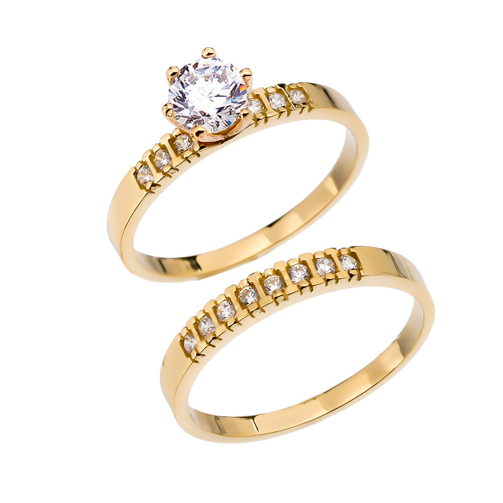 Diamond Solid Gold Engagement And Wedding Ring Set With 1 Carat White Topaz Center stone (Available in Yellow/Rose/White Gold)