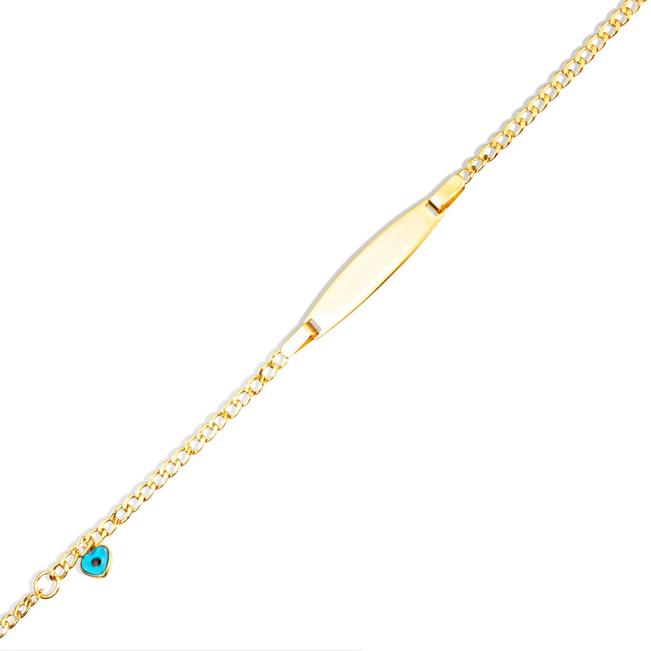14K Yellow Gold Engravable Evil Eye Heart Protection Nameplate Bracelet 7