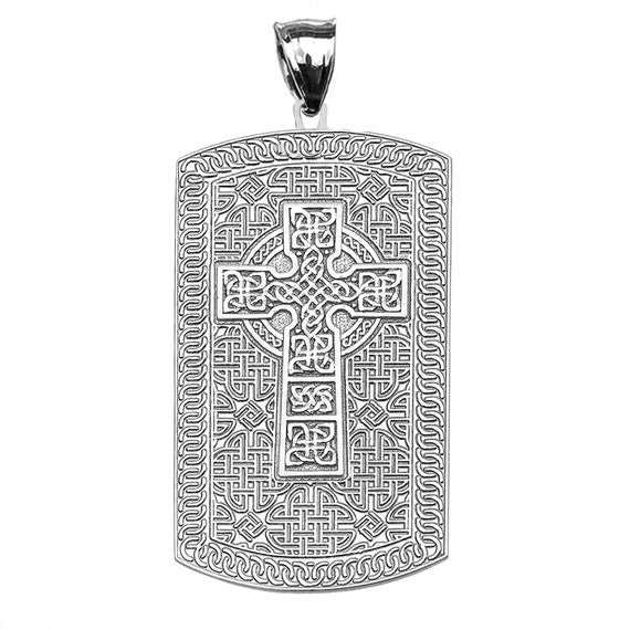 Celtic Cross Trinity Knot Sterling Silver Engraveable Dog Tag Pendant Necklace