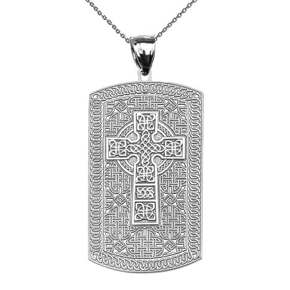 Celtic Cross Trinity Knot Sterling Silver Engraveable Dog Tag Pendant Necklace