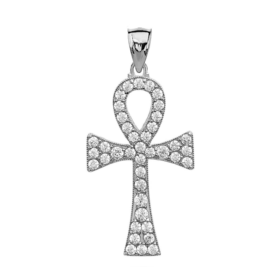 .925 Sterling Silver 1.5 Carat CZ Egyptian Ankh Cross Pendant Necklace