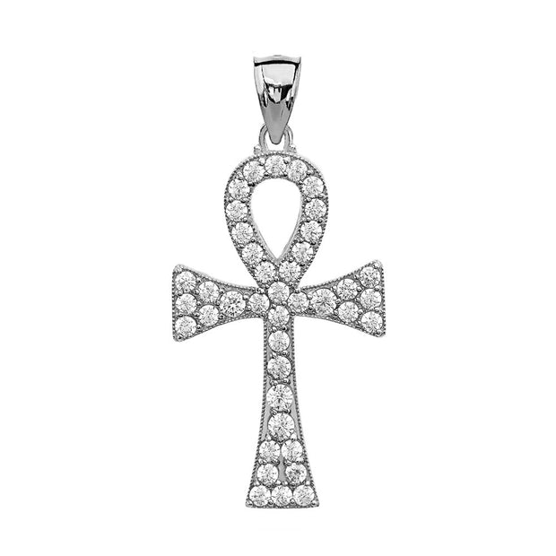 .925 Sterling Silver 1.5 Carat CZ Egyptian Ankh Cross Pendant Necklace
