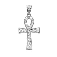Ankh Cross Cubic Zirconia Sterling Silver Pendant Necklace