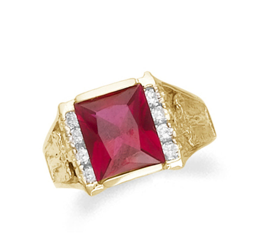 Gold Mens Synthetic Ruby Ring with CZ
