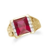 Gold Mens Synthetic Ruby Ring with CZ