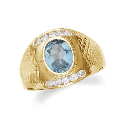 Men's Gold Blue Topaz Birthstone Ring with Cubic Zirconia