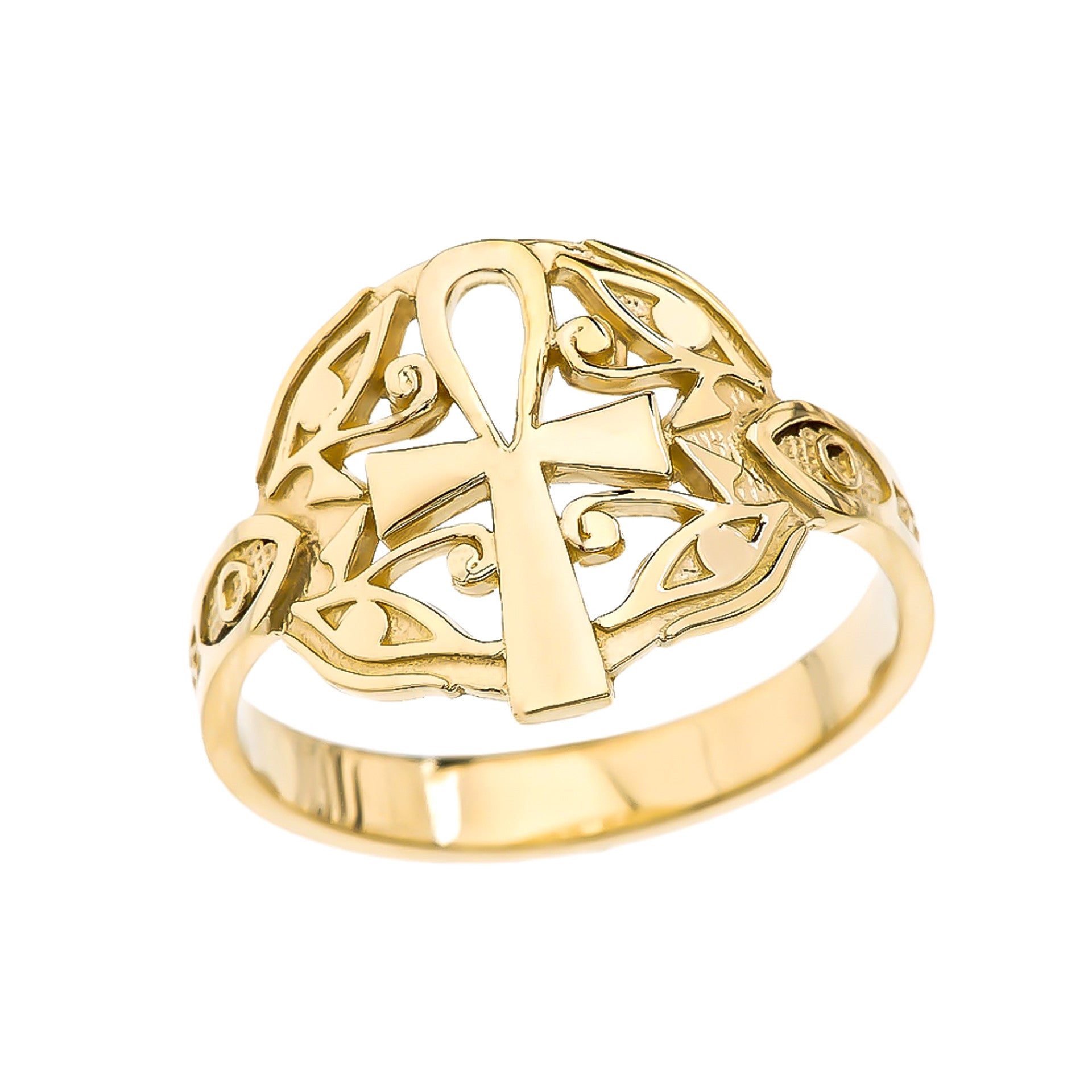 Gold Egyptian Ankh Cross with Eye of Horus Ring (Available in Yellow/Rose/White Gold)