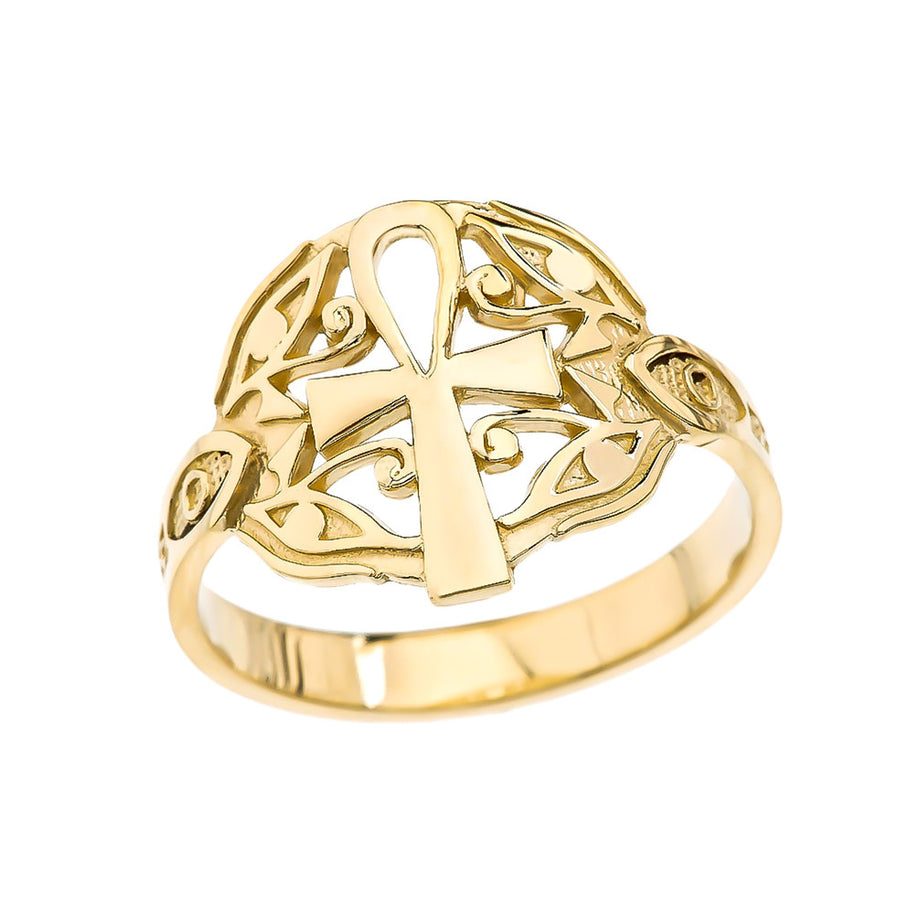 Gold Egyptian Ankh Cross with Eye of Horus Ring (Available in Yellow/Rose/White Gold)
