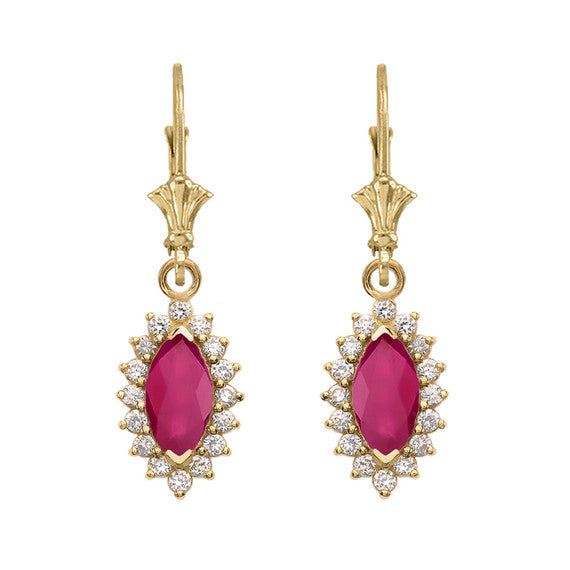 14K Diamond And Ruby Yellow Gold Dangling Earrings