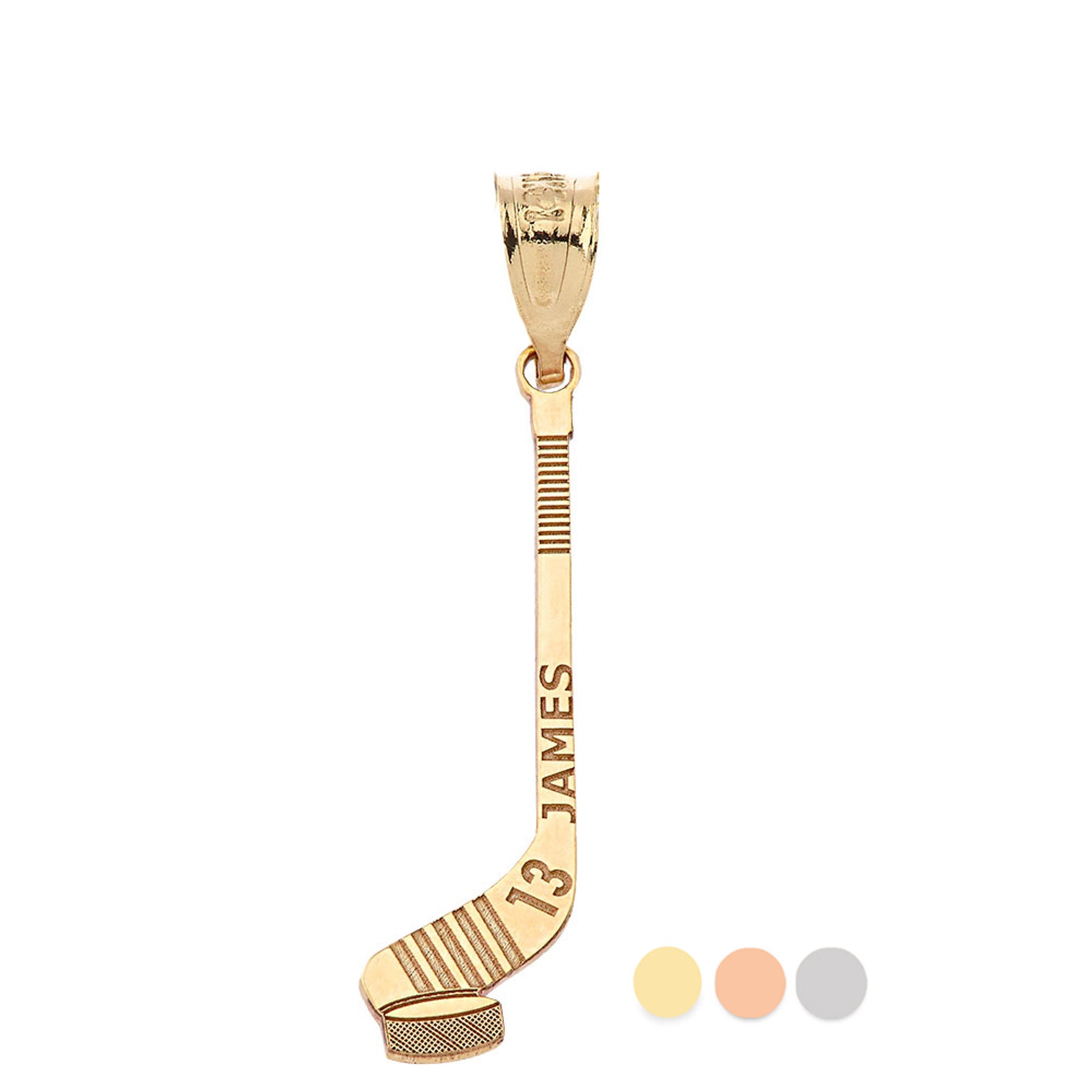 Personalized Engravable Gold Ice Hockey Stick and Puck Pendant with Your Name and Number(Yellow/Rose/White)