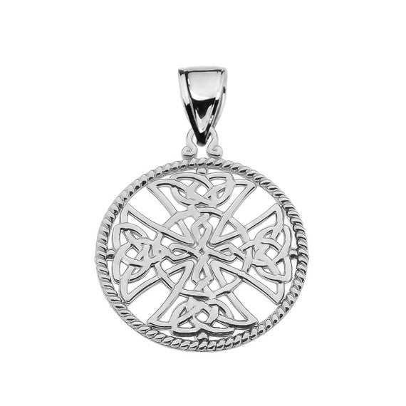 .925 Sterling Silver Trinity Knot Celtic Cross In A Round Rope Frame Pendant Necklace
