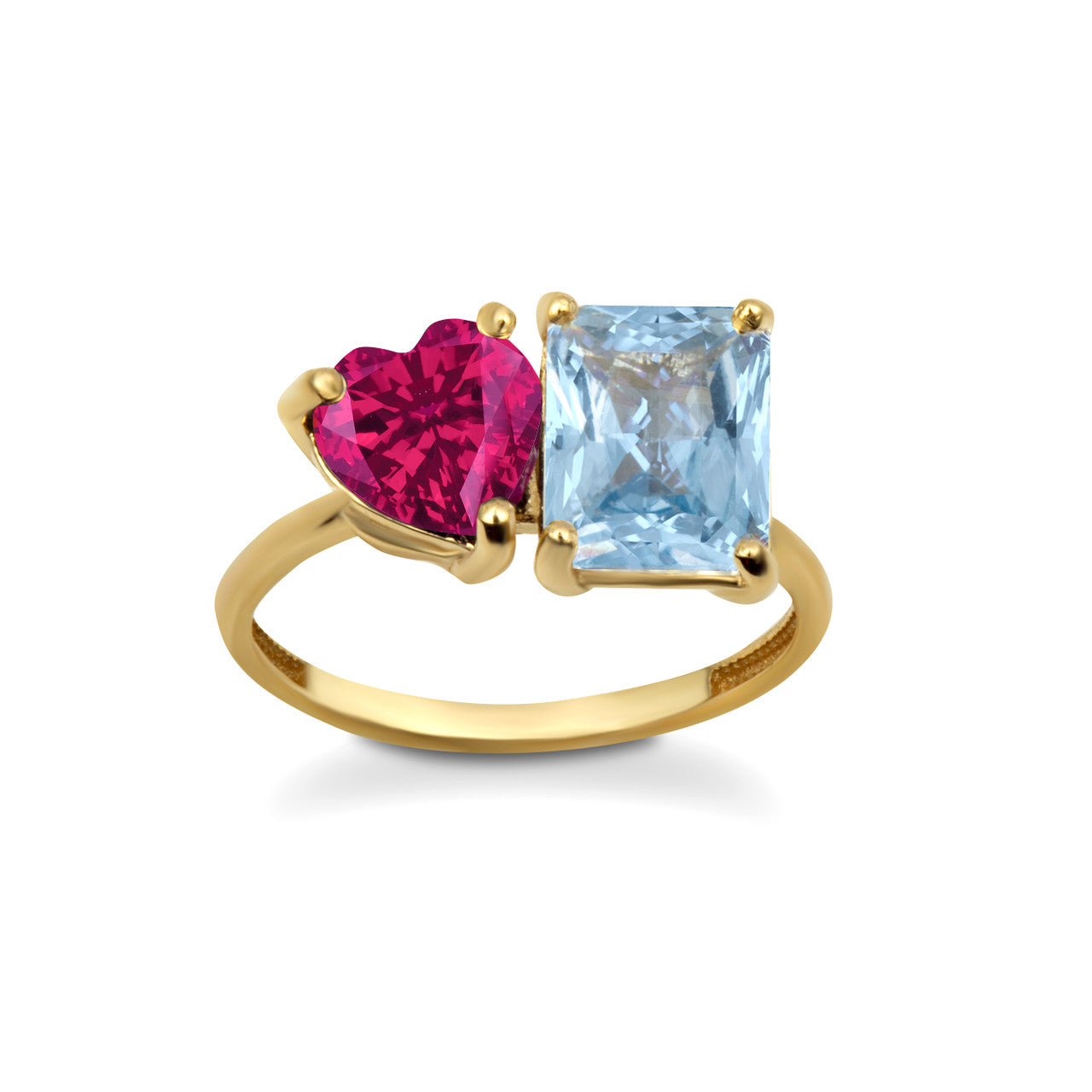 Gold Custom Toi et Moi Heart & Emerald Cut Birthstone Engagement Ring (Available in Yellow/Rose/White Gold)