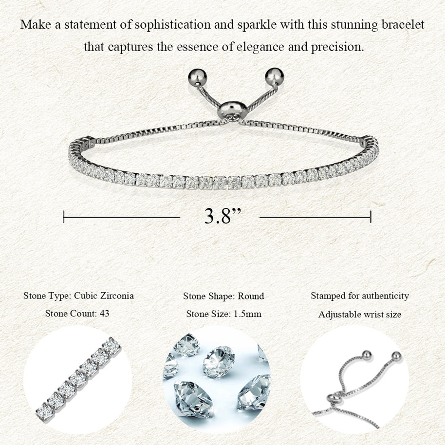 .925 Sterling Silver Adjustable CZ Studded Half Tennis Beaded Lariat Bracelet