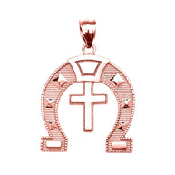 Gold Striped Horseshoe Cross Milgrain Pendant Necklace (Available in Yellow/Rose/White Gold)