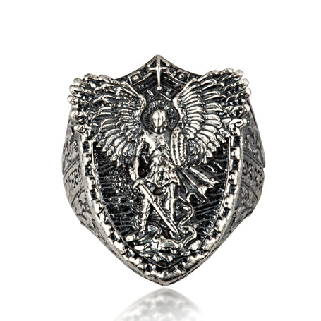 .925 Sterling Silver Saint Michael Archangel Protection Shield Men's Signet Ring